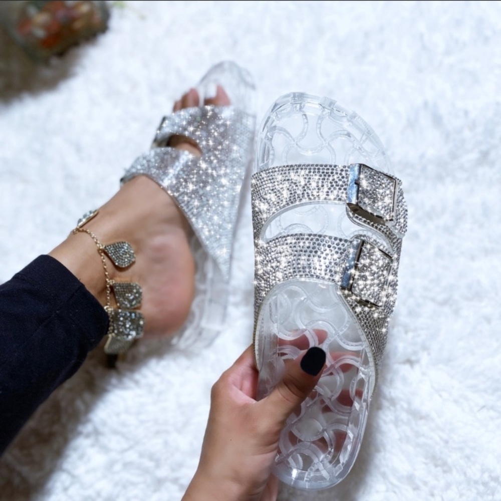 Clear PVC Jelly Rhinestone Embellished Slides - Picture 2 of 2